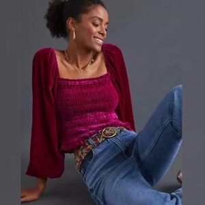 Anthropologie Deep Red Smocked Blouse